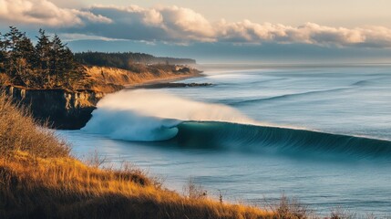 Obraz premium Majestic Ocean Wave Crashing on Coastline at Sunset