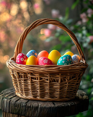 Naklejka premium Easter poster with basket of colored eggs