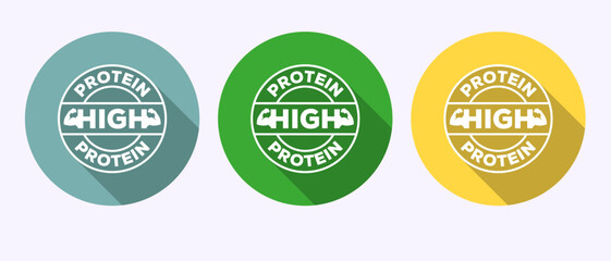 High protein icon, High protein label design, Nutrition healthy eating badge in shadow button design