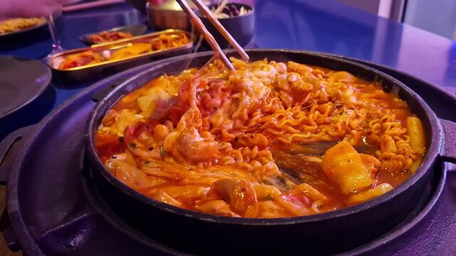 Takgalbi. Grilled patel with marinated chicken, tteokbokki, cabbage, noodles and mozzarella. Korean food. Delicious food in a restaurant. Hot food in a grilled patel