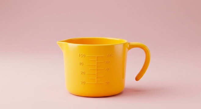 Measuring Cup in Focus: A vibrant yellow measuring cup, showcasing precise calibration marks, stands alone against a soft pink background, representing precision and cooking