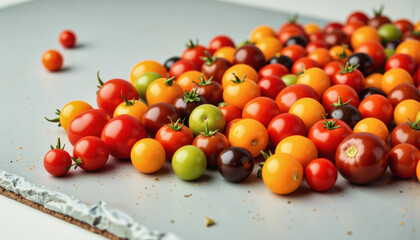 Modern food photo advertisement: An abundance of colorful cherry tomatoes, ranging in shades of red, orange, yellow, and dark purple, are scattered across a gray surface, showcasing a vibrant harves