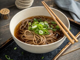  Bowl of noodles topped with green onions. A pair of chopsticks rests atop the bowl. A gray cloth napkin is placed behind the bowl, adding a contrasting color to the composition. 