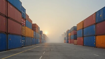 Stacked Cargo Containers at Port in Hazy Long Shot During Sunrise with Dramatic Lighting, showcasing an industrial scene that highlights the essence of shipping and logistics.