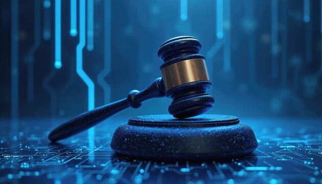Illustration gavel on circuit board background. Data privacy laws, digital security, online regulation concept. Cyber law, information security, cybercrime, digital rights, data protection. Justice,