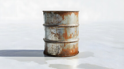 Naklejka premium Perspective view 200-liter oil drum featuring liquid reflections and clean metallic texture, isolated on white background, ideal for industrial, petroleum storage, mechanical applications