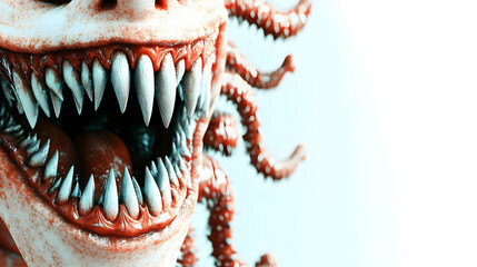 Naklejka premium Close Up of a Terrifying Creature Face with Sharp Teeth Tentacles and Open Mouth with Pale Skin and Light Background in Horror Concept