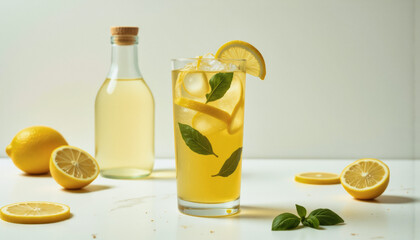 Fototapeta premium Modern food photo advertisement: A refreshing glass of lemonade with lemon slices and basil sits in front of a bottle of lemonade, accented by scattered lemons and basil leaves on a white surface.
