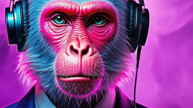 Close up to a futuristic and stylish gorilla, dressed in a blue jacket and headphones and enjoying the music.