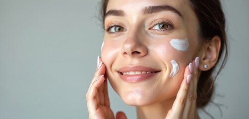Smiling young woman applying facial cream to skin. Close-up beauty portrait. Skincare, wellness concept. Design for banner with copy space. Cosmetic treatment for face hydratation.