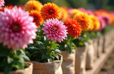 Colorful dahlias in a row, bathed in sunlight. Pink orange yellow blossoms in burlap pots. Garden nature summer. Floral arrangement backdrop decor. Springtime blooming flowers blooming.