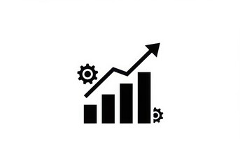 Black and white graphic of a bar graph with an arrow and gears indicating growth and progress