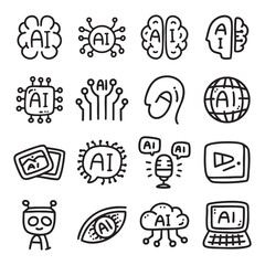 AI (artificial intelligence) doodle icon set - Robot automaton Mechanical brain innovation icons