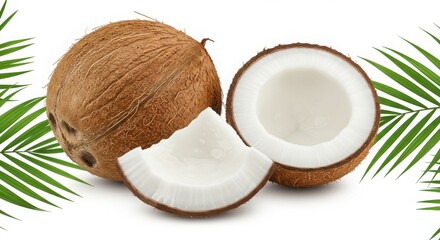 Still life of a whole coconut, a half coconut and a piece with palm leaves on a white background