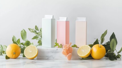 Naklejka premium Colorful beverage cartons arranged beautifully with citrus fruits and greenery on a marble surface