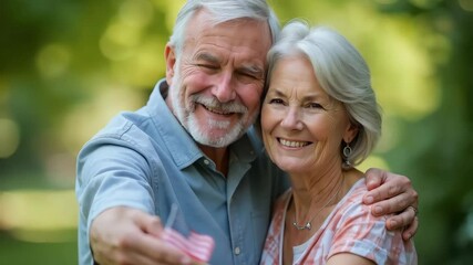 Happy senior couple holding a small American flag while smiling at each other on Independence Day. - Powered by Adobe