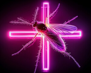 World Malaria Day. A single mosquito in silhouette against glowing pastel medical cross, symbolizing the fight against malaria. Subtle lighting enhances the sense of urgency 