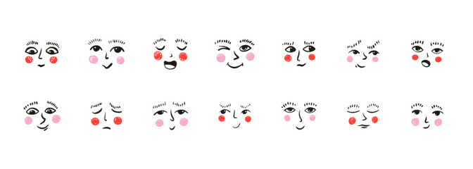Cartoon faces. Expressive eyes and mouth character face expressions retro style. Vector cute comic smiley emotion set, funny doodle avatars
