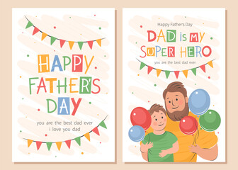 Father's Day card set. Vector cute illustration of dad and of little son. Father's Day template with holiday wishes for postcards, posters, banner, ads.
