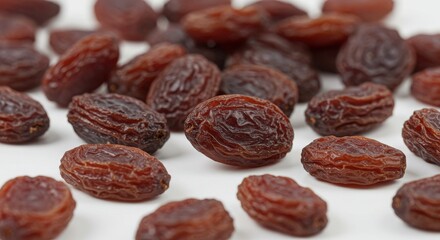 Obraz premium A close up shot of a pile of dark brown raisins scattered on a white surface in a studio setting