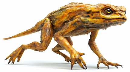 Close Up of Orange and Brown Textured Frog Walking on White Background in Studio Shot