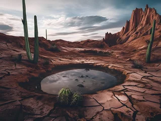 Fotobehang Desert Landscape Photography: Serene Cactus Reflections in Arid Wilderness with Water Pool and Cracked Earth © Rady