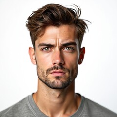 Young man with serious, concentrated expression, brown wavy hair, green eyes posing close-up. Handsome guy with stubble beard isolated on white background. Headshot, studio portrait, cutout.