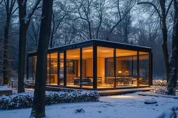 Fototapeta premium A modern glass house glowing with warm interior light, surrounded by a snowy forest