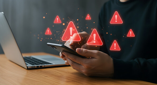 Person using phone with laptop and red warning signs indicating potential security threats online shown