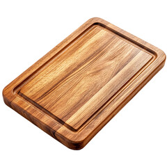 A slightly angled view of a rectangular wooden cutting board surface