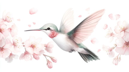 Naklejka premium Airy and Graceful Hummingbird with Cherry Blossoms on White