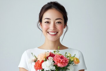 Joyful woman holding a vibrant bouquet of flowers in a bright, minimalistic setting