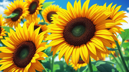 Obraz premium Vibrant sunflowers blooming under a clear blue sky 