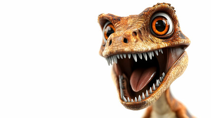 Close Up Portrait of an Orange and Brown Cartoon Dinosaur with Open Mouth and White Teeth on a White Background