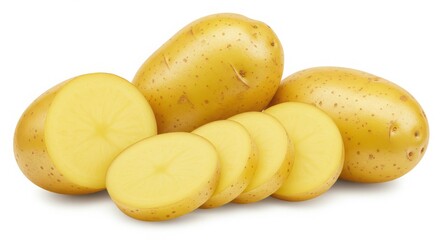A group of potatoes featuring whole potatoes and sliced potatoes on a white background surface