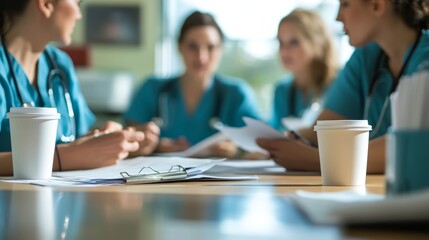 Fototapeta premium Dynamic shift change scene in hospital break room vibrant teamwork