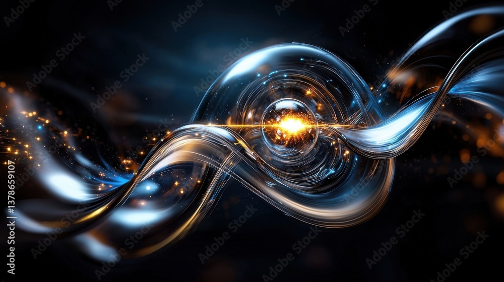 Poster a glowing sphere of light is surrounded by a swirling pattern of blue and orange