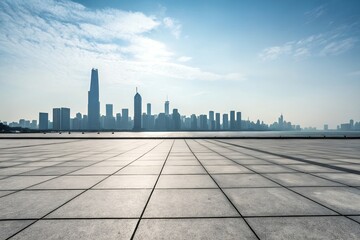 A serene cityscape at dawn, a sprawling metropolis stretching across a calm bay under a soft, clear sky, showcasing the vast urban expanse with a wide-open paved foreground.