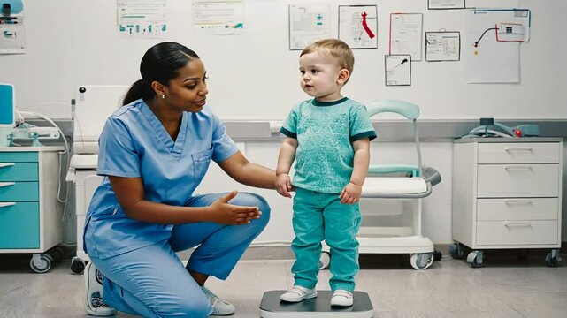 Doctor weighing a child at the doctor's office.