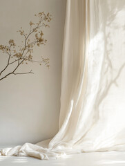 Light Filtering Through a Linen Curtain Creating Soft Shadows and Emphasizing Natural Tones in a Serene Indoor Setting