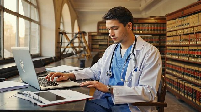 Library in a hospital. Nurses in the library.