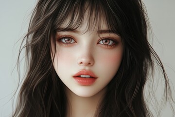 Fototapeta premium Captivating portrait of a young woman with long hair and striking features in a soft, neutral background