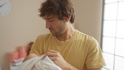 Young man lovingly holds baby wrapped in white blanket in a cozy bedroom setting, reflecting...