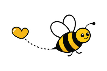 Cartoon Bee Flying with Yellow Heart Shape on a White Background for Valentine