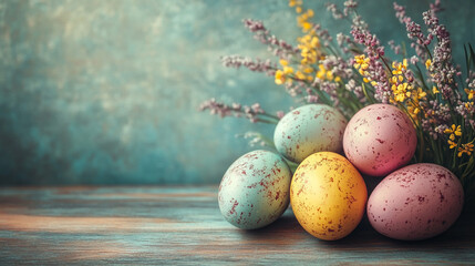 Colorful Easter Eggs With Yellow Flowers on a Rustic Background evoking springtime joy and festive cheer.
