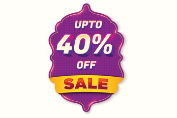 Sale Discount Label. Festival Ethnic Shape Sale Promotion Stamp. Price Upto 40% Off Tag. Purple And Yellow Combo Sale Label.