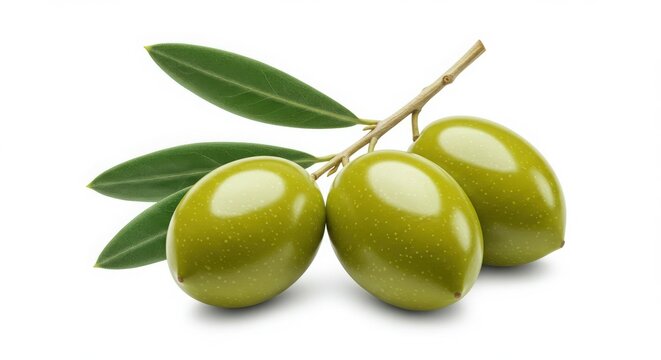 A close up view of three green olives on a branch with leaves against a white background studio shot