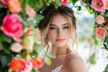 Fototapeta premium Generative AI Bride and Groom in Wedding Ceremony in Blooming Spring Garden