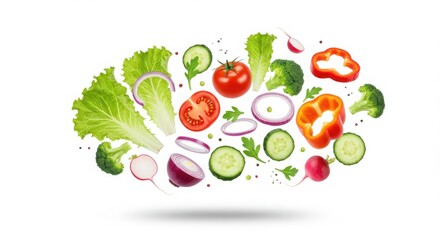 Assortment of fresh vegetables including lettuce tomato cucumber and bell pepper on a white background
