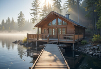 A cozy lakefront cabin made of natural wood, with a wraparound deck and a private dock extending over calm water.